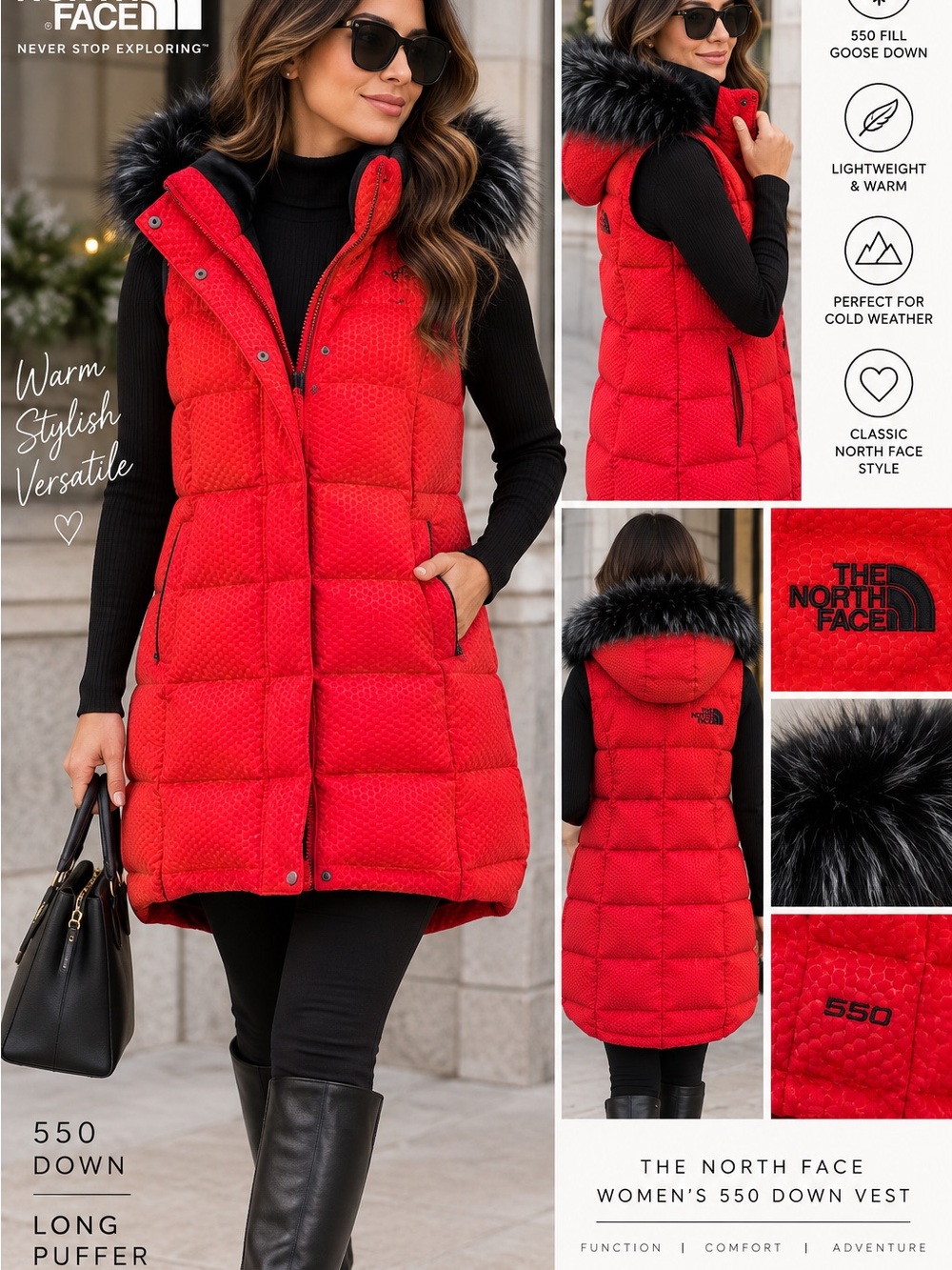 The North Face Women's Red Long 550 Down Puffer Vest with Black Faux-Fur Hood